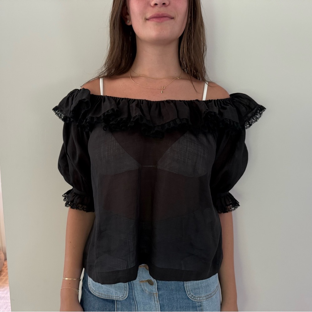 Doen Black Sheer Puff Sleeve Blouse
